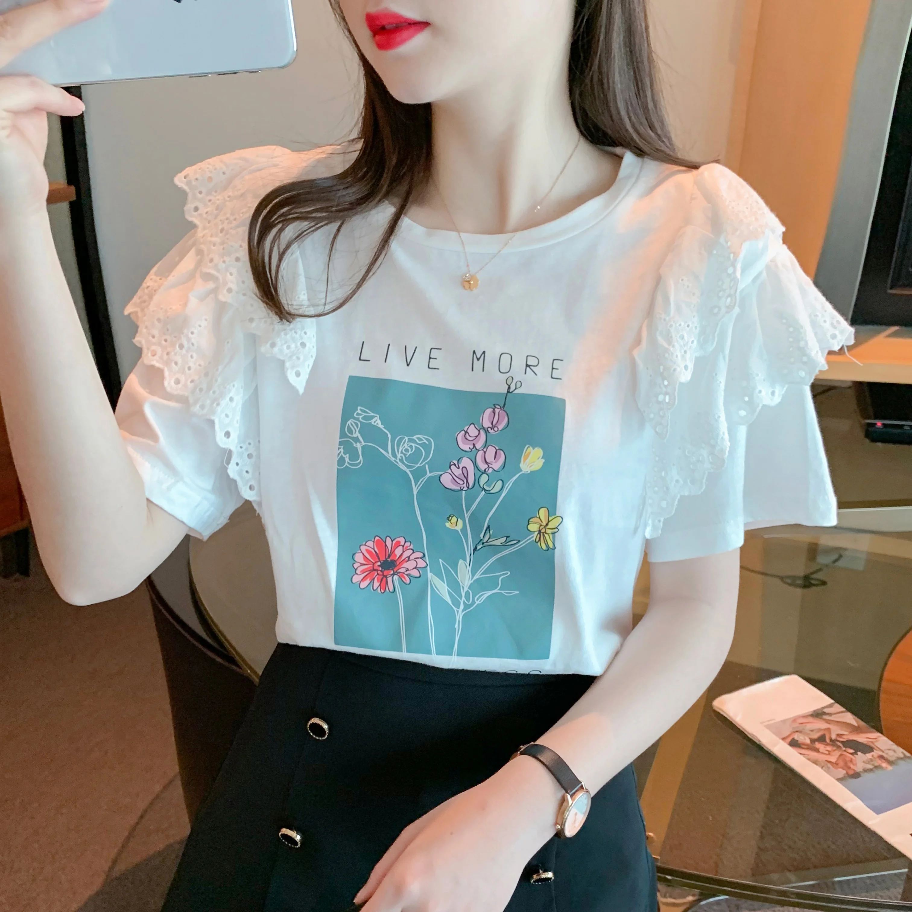 

Cotton White Woman Tshirts O-neck Short Sleeve Ruffles Sweet T-shirt 2023 Shirts for Women Loose Casual Korean Tees Tops Female