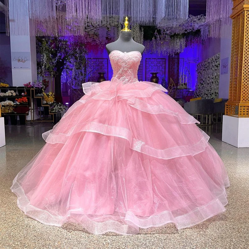 

ANGELSBRIDEP Pink Lace Up Back Tiered Ball Gown Quinceanera Dresses Sweet 16 Princess Birthday Dress Vestido De 15 Anos