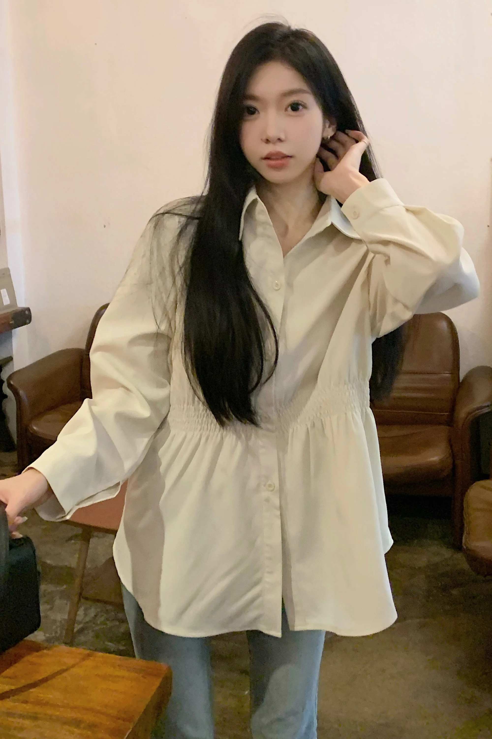 Женская Элегантная блузка в Корейском стиле милые рубашки с длинным рукавом для