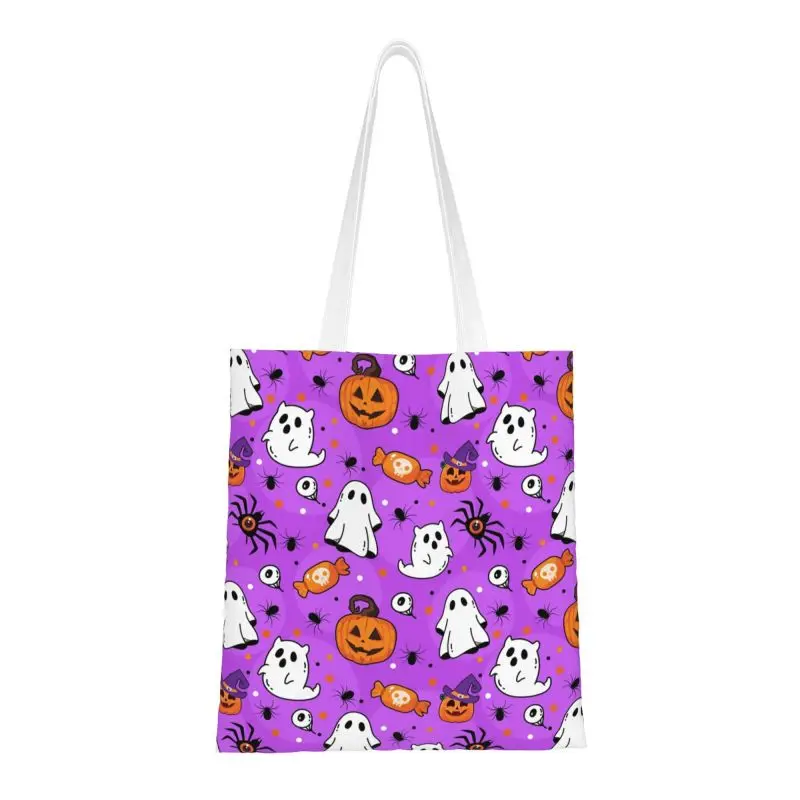 

Purple Halloween With Pumpkins Spider Groceries Shopping Bags Fashion Print Canvas Shopper Tote Shoulder Bags Durable Handbag