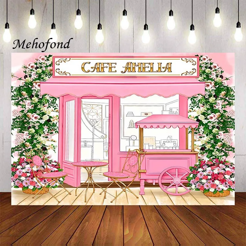 

Mehofond Photography Background Pink Retro Coffee Store Flowers Girl 1st Birthday Party Cake Table Decor Backdrop Photo Studio
