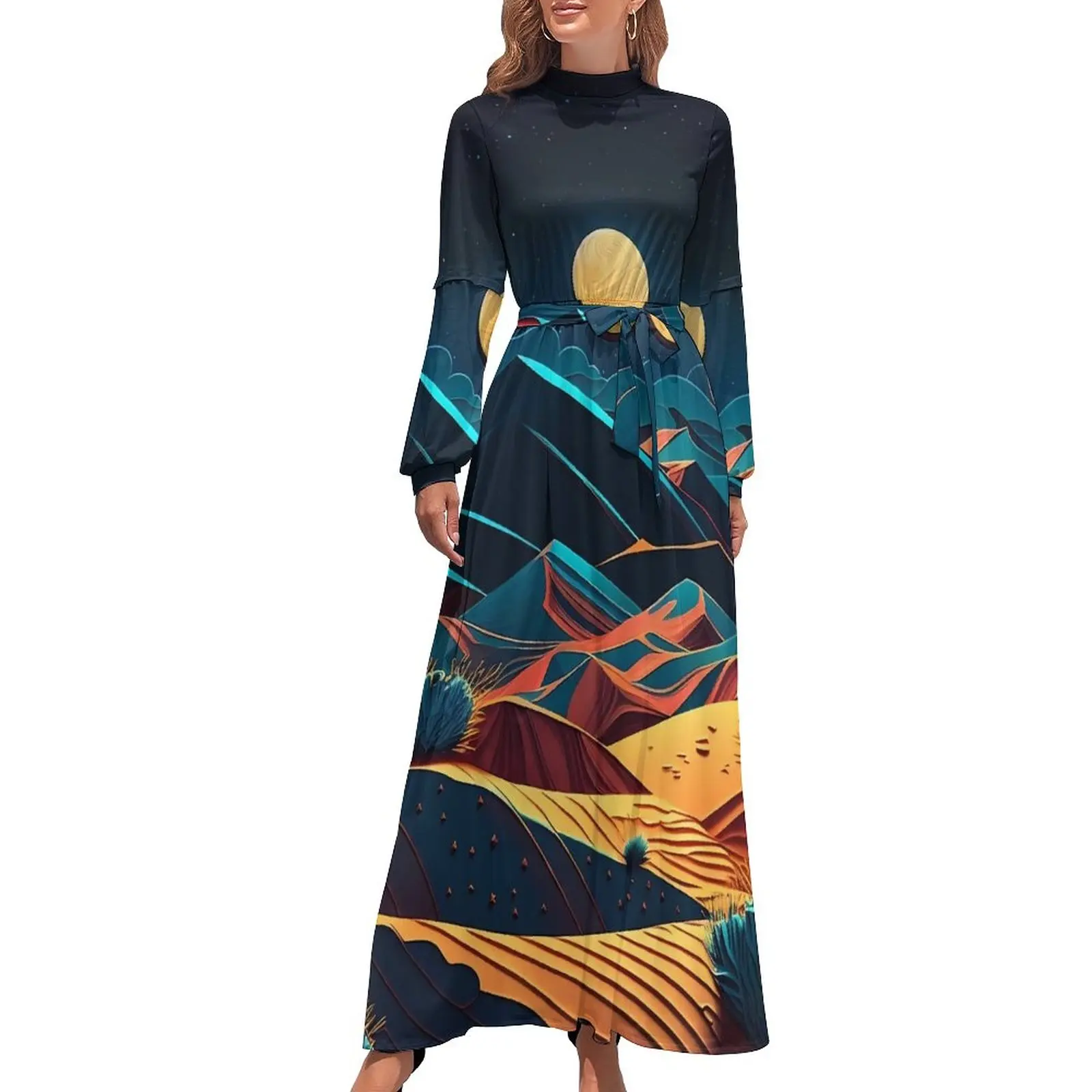 

Desert At Night Dress Long Sleeve Landscape Cute Maxi Dress High Neck Casual Printed Boho Beach Long Dresses Birthday Gift
