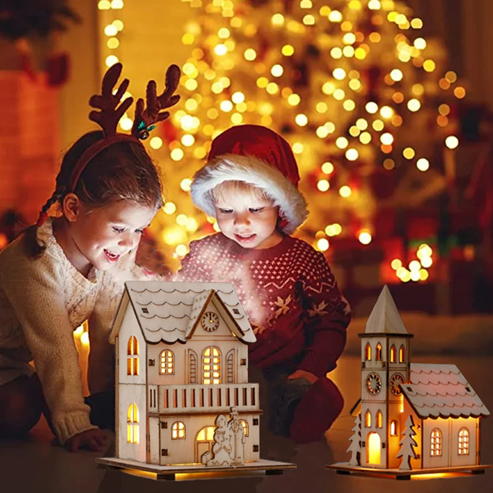 

Christmas Decorations LED Light Wooden House Luminous Cabin for Home DIY Xmas Tree Hanging Ornaments Kids Gift New Year 2023