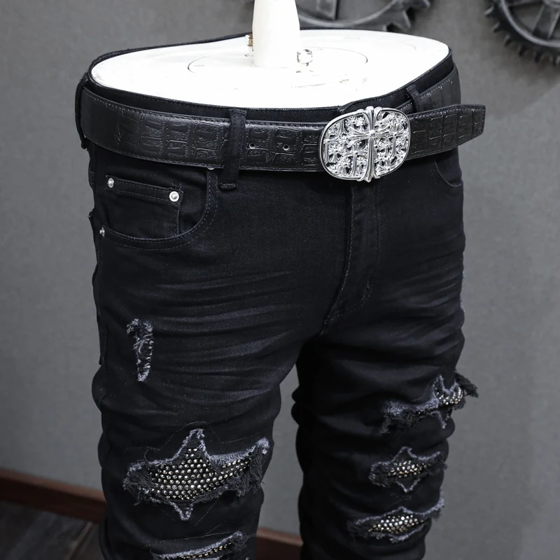 Street Fashion Men Jeans High Quality Black Stretch Skinny Ripped Jeans Men Beading Patched Designer Hip Hop Brand Pants Hombre