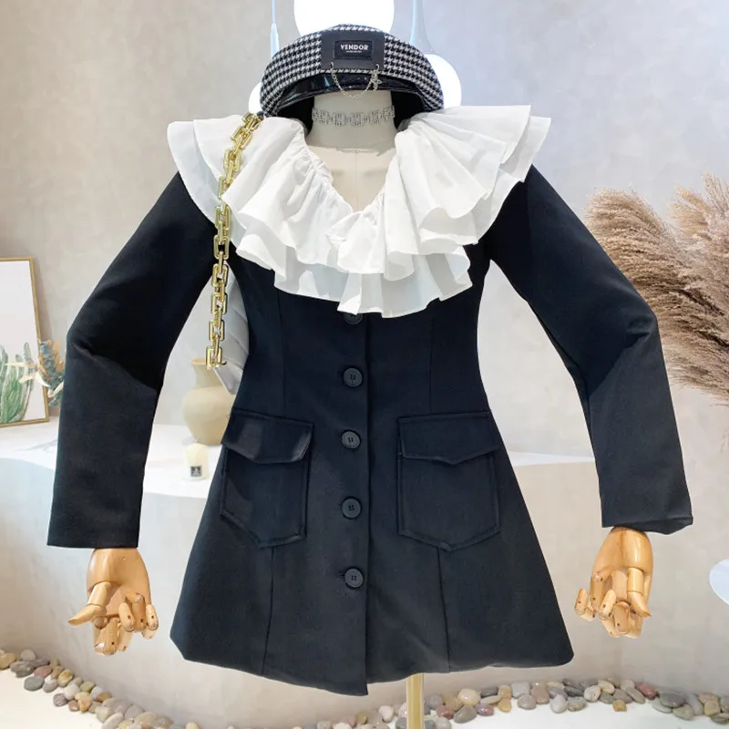 

Niche Design New Women's Clothing 2022 Spring Retro Sweet First Love Removable Ruffle Collar Design Suit Blazers Dress