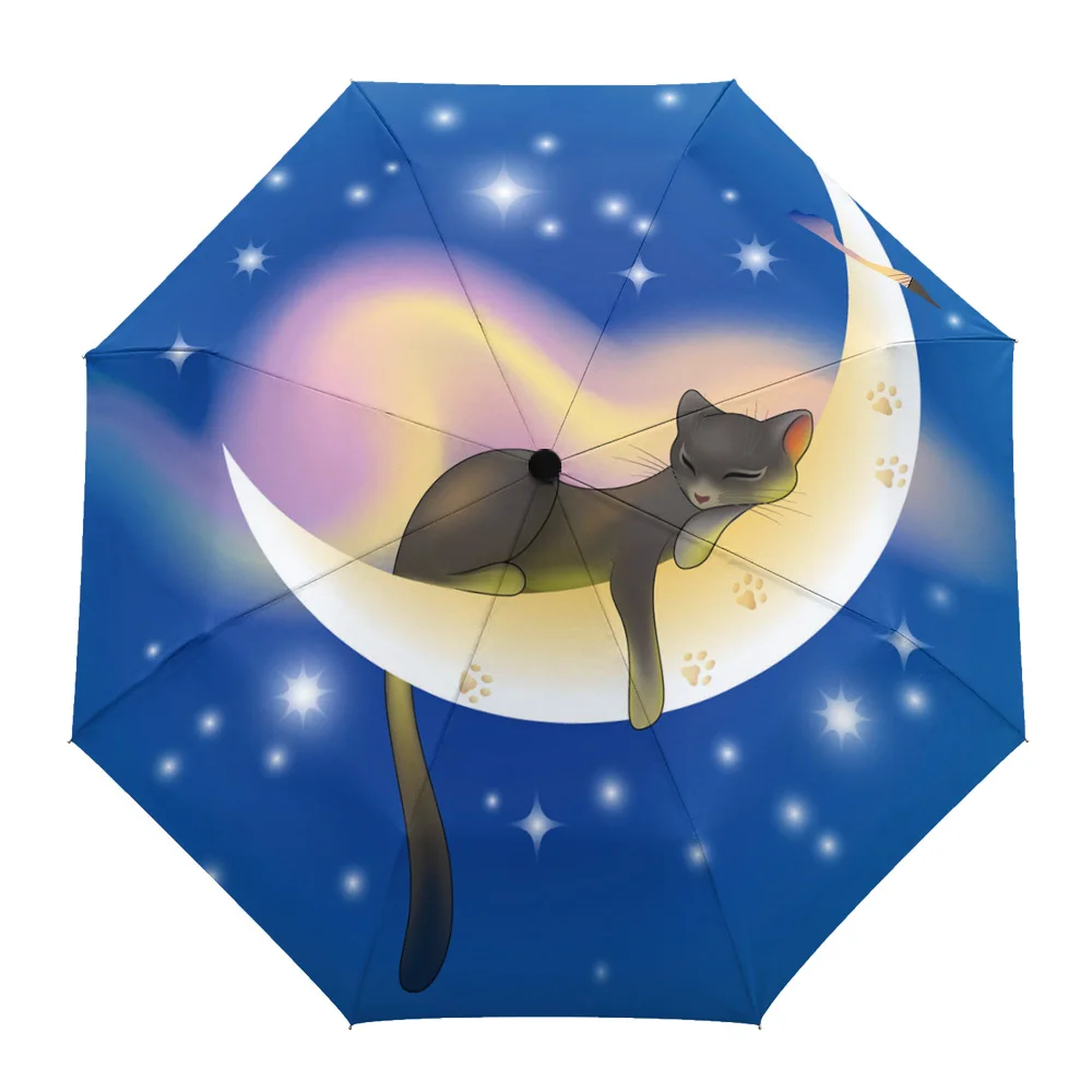 

Moon Cat Stars Cute Pet Print Women Men Rain Umbrella Three Folding Girl Durable Portable Automatic Umbrellas Gift Parasol