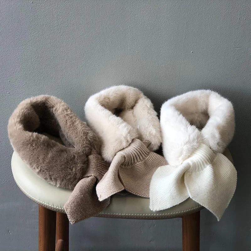 

Sumuyoo вязаный плюшевый шейный платок, женский зимний мягкий кроличьи волосы с бантом, теплый шарф