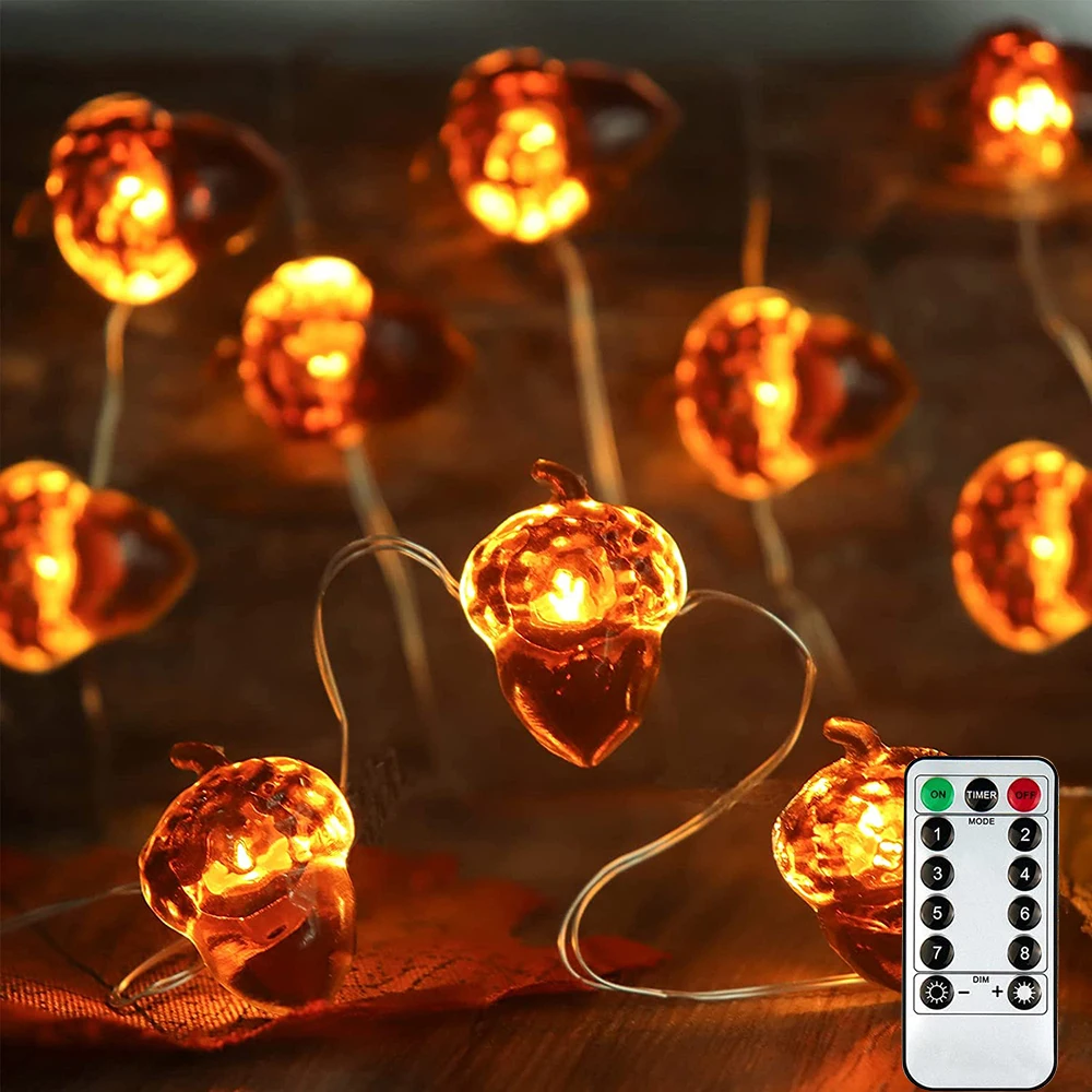 Guirnalda de luces navideñas de bellota 3D, 3M, 30 led, luces de Otoño de calabaza alimentadas por batería con control remoto para decoración de fiesta interior al aire libre