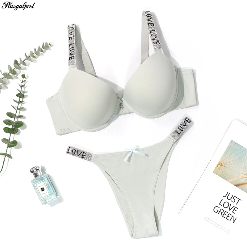 

Plusgalpret Sexy Women Bra Set Rhinestone Bralette Letter Pieces Intimate Suit Elegant Ladies Underwear Bra Panty Set B C Cup