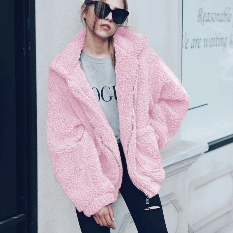 Women 2021 Casual Warm Soft Zipper Fur Jacket Plush Overcoat Pocket Plus Size Teddy Coat Female Autumn Winter Faux Fur Coat