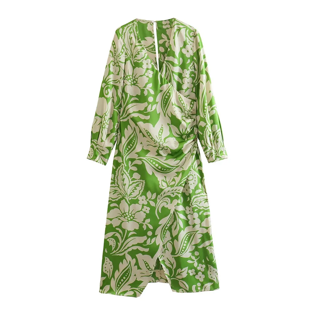 

Женское платье-миди с принтом PB & ZA, длинное платье с длинным рукавом и V-образным вырезом, украшенное узлом, с разрезом, в стиле ретро, лето 2023