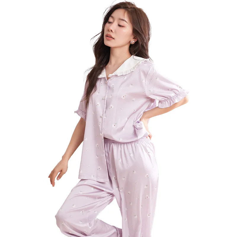 Summer New Pajamas Women's Lotus Leaf Collar Purple Flower Short-sleeved Trousers Casual Home Service Suit Can Be Worn Outside