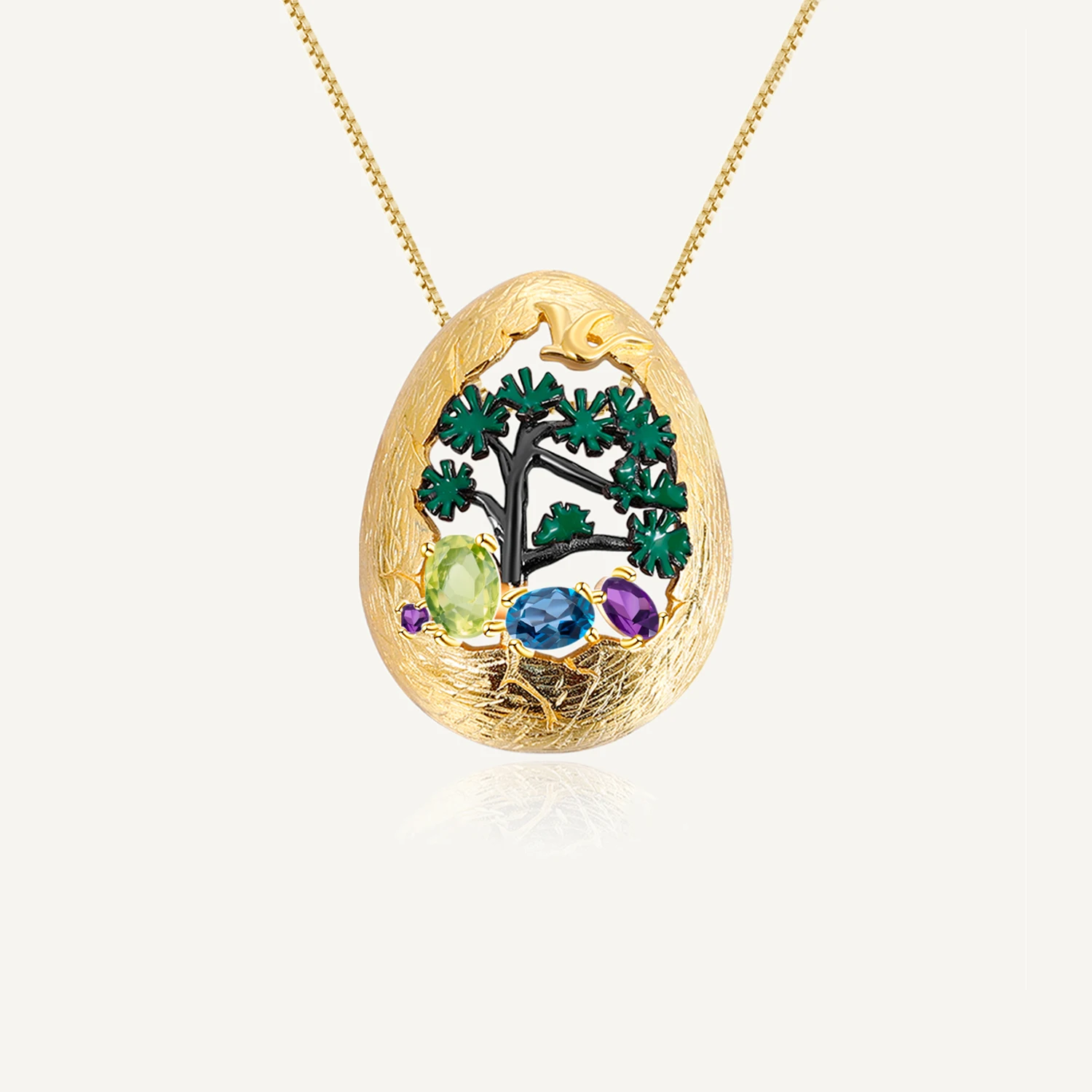 

GEM'S BALLET Natural Mixed Gemstone Egg Shape Women's Pendant Necklace 925 Silver Gold Plated Handmade Plant Tree Enamel Craft