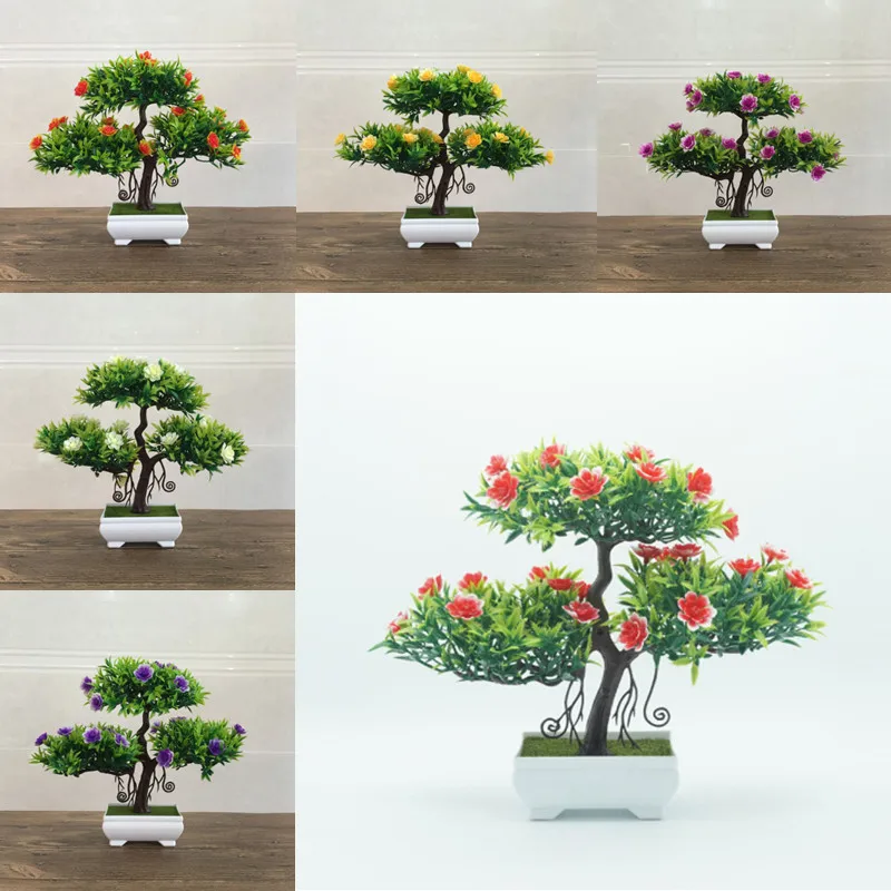 

Violet Small Tree Bonsai Simulation Plants Potted Welcome Pine Plastic Fake Flower For Home Bookcase Desktop Decoration Ornament