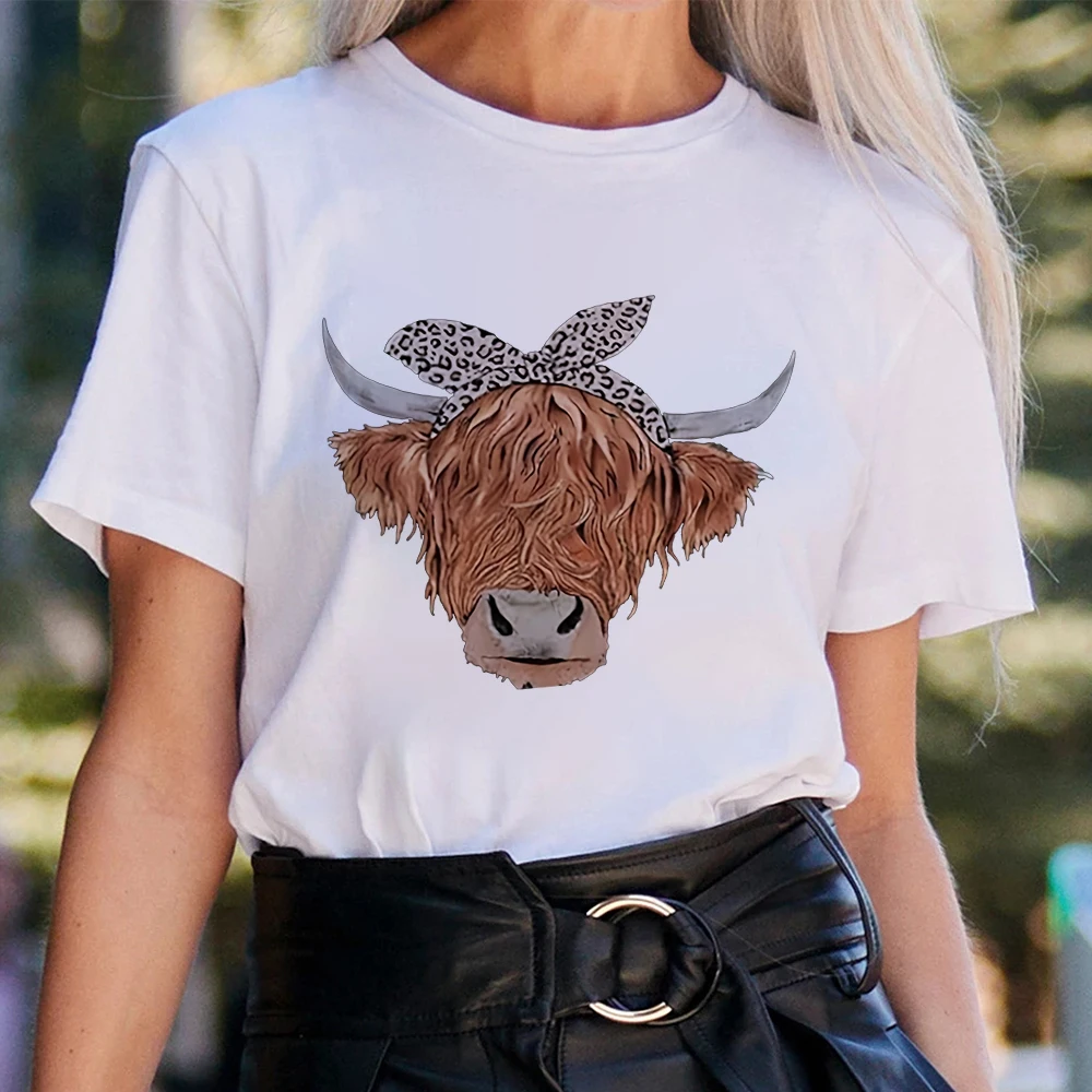 

Hot Sell White Women T-Shirts Cattle Print Short Sleeve High Quality Popular Female T Shirt Dropship Summer New Top Lady Clothes