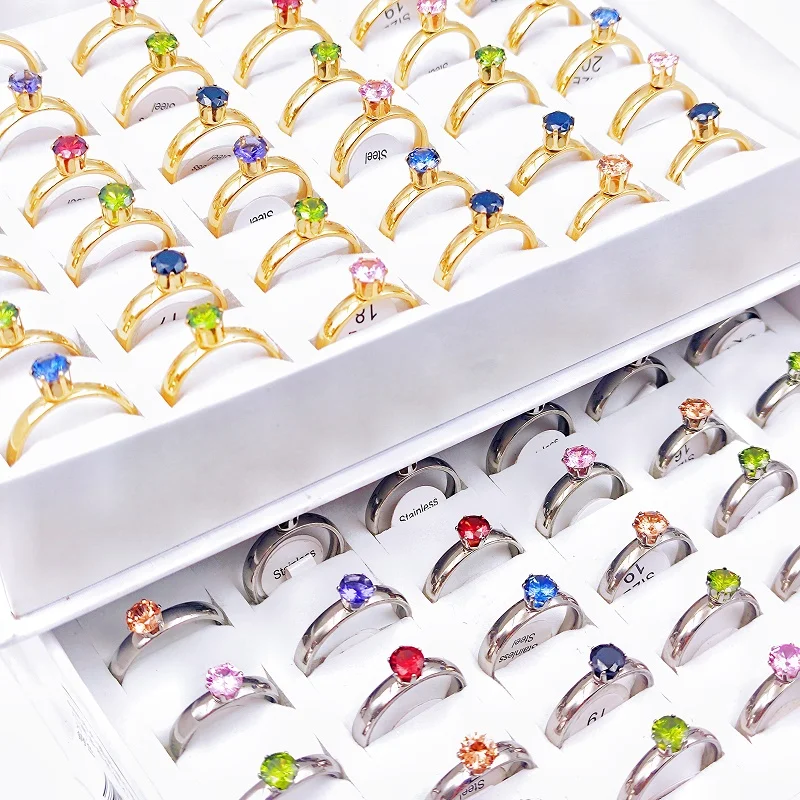

12/24/36pcs/Lot Stainless Steel Multicolor Zircon Crystal Rings for Women Fashion 3/4MM Colorful Rhinestone Charm Jewelry Gift