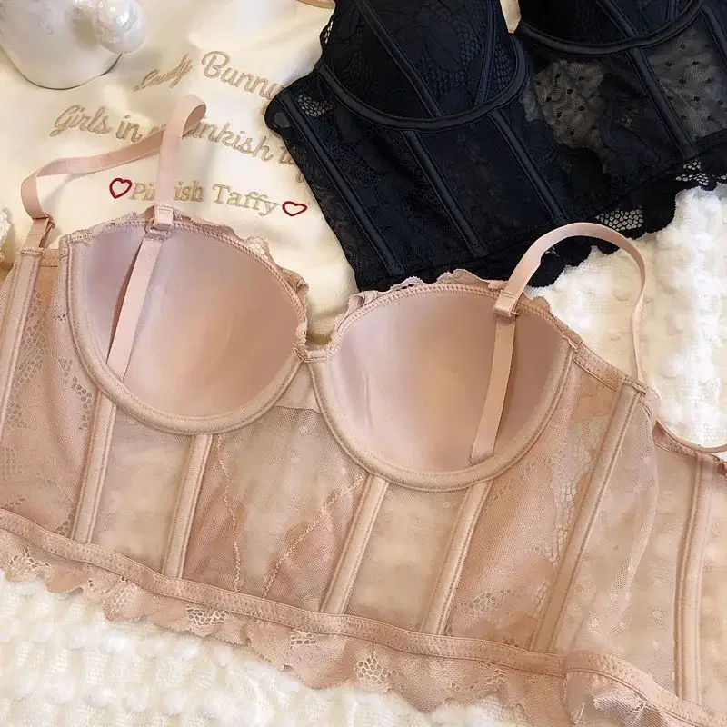 Фото Sexy Thin Lace Bras for Women Hot Girl Mesh Transparent Shaper Lingerie Bralette Night Club Vintage CropTop Sweet Bra Underwear №3