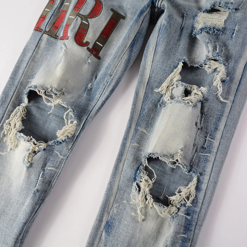 High Street Fashion Men Jeans Retro Blue Elastic Skinny Fit Hole Ripped Jeans Men Buttons Fly Patch Designer Hip Hop Brand Pants