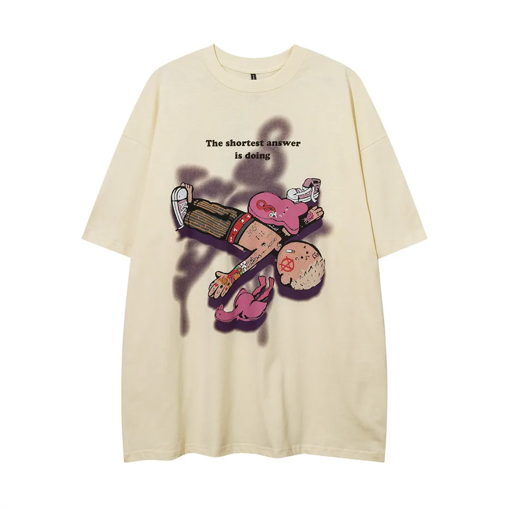 

Summer New Men's Hip-Hop Style Trend Cartoon Print Short-Sleeved T-Shirt Fashion Loose Casual Five-Point Sleeve Bottoming Top