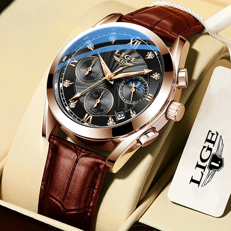 

LIGE Fashion Top Brand Luxury Mens Watches Sport Military Men Watch Date Waterproof Leather Strap Quartz Business Male Clock New