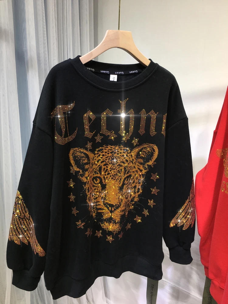Leopard Rhinestones L-4XL Plus Size Blouse Luxury Brand Sweatshirt for Women Men Spring Autumn Large Sizes Ladies Sweatshirts