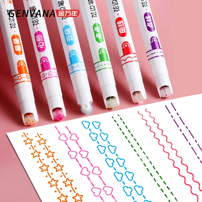 6pcs lace roller highlighter curve/wave/clouds/ art marker pen hand account painting copy newspaper border outline |