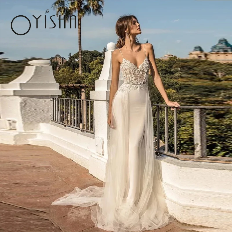 

OYISHA Simple Satin Wedding Dress 2023 V-Neck Spaghetti Straps vestido de noiva Lace Appliques Backless Mermaid Boho Bridal Gown