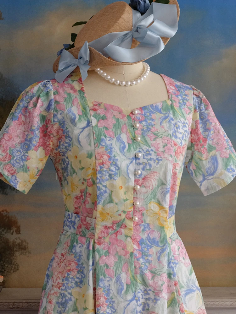 Spring Summer Women Loose Plus Size Vintage Style 70s Elegant Lady Romantic Pink Floral Print Handmade Cotton Dresses