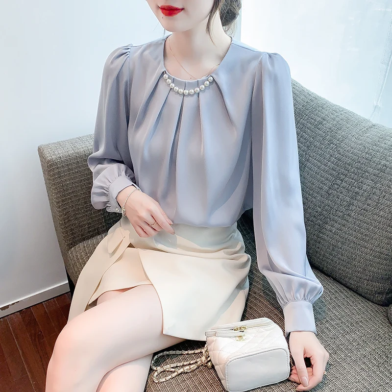 Новая женская блузка с круглым вырезом и бисером белая длинным рукавом рубашка