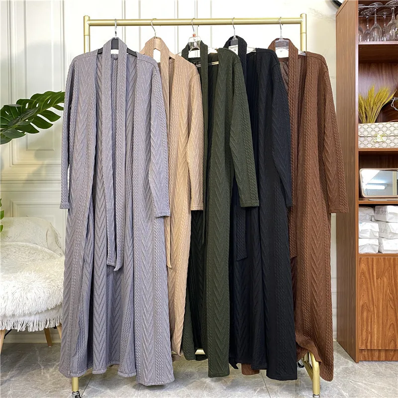 Autumn and Winter Knitting Muslim Cardigan with Pocket Long Coat Fashion Abaya Muslim Coat Jalabiya for Women Turkish Tunic