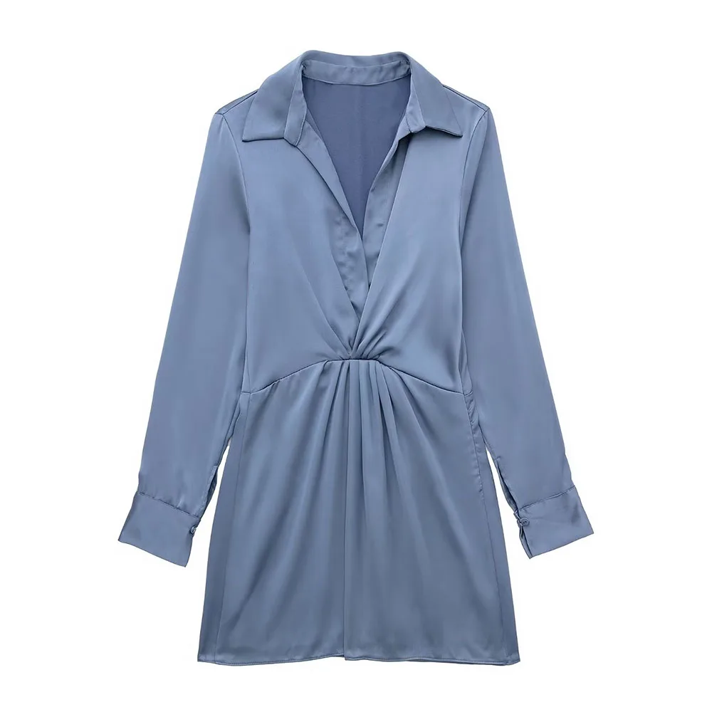 

Fall fashion women's new solid color temperament lapel long sleeve waist pleated silk-satin mini dress