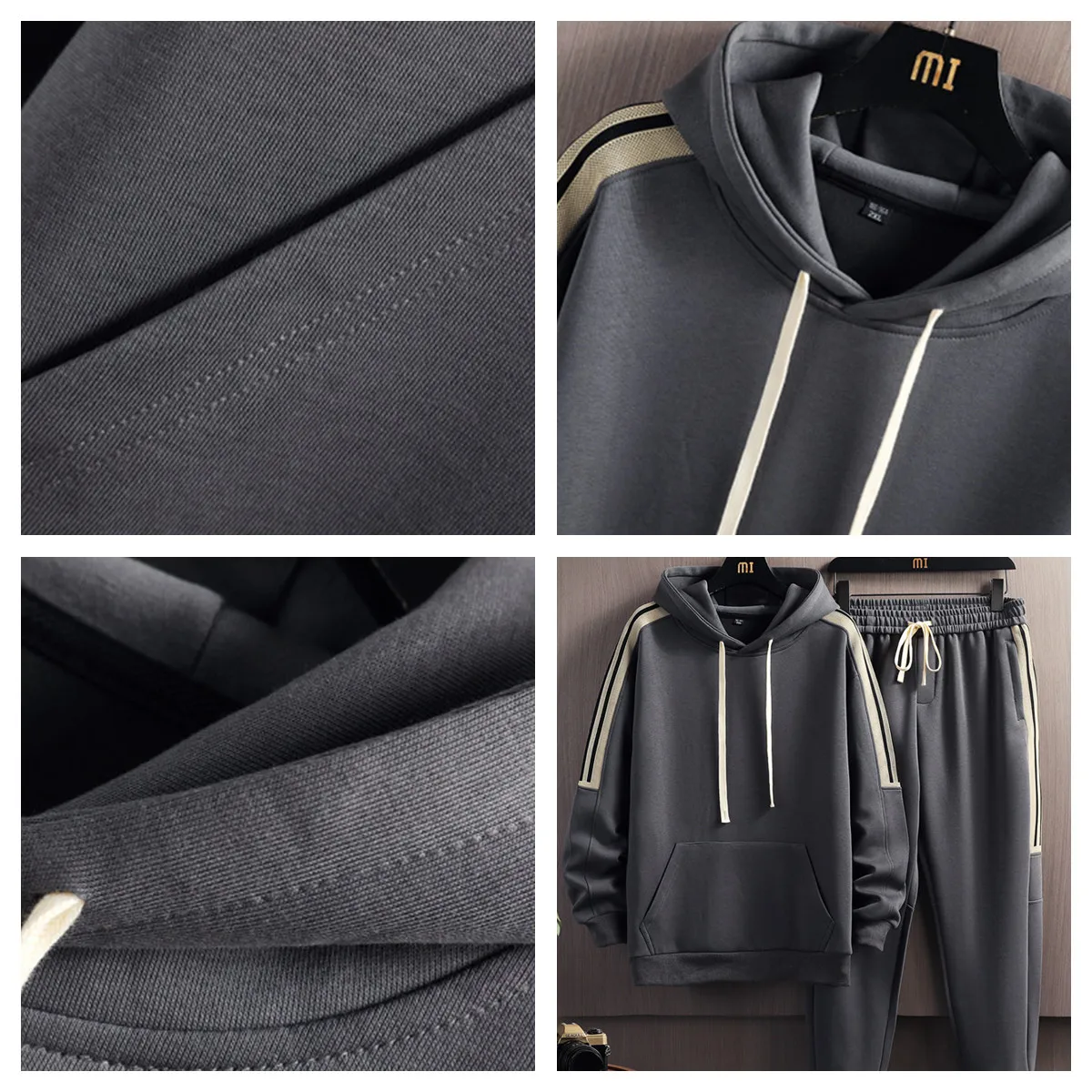 Spring and autumn new men's casual sportswear suit, men's tide striped cotton running sportswear with webbing