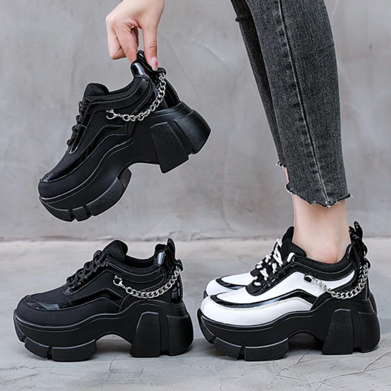 10cm Elevator Shoes Metal Decoration Ankle Boot Platform Wedge Women Casual  Autumn Super High Hidden Heel Sneakers Shoes