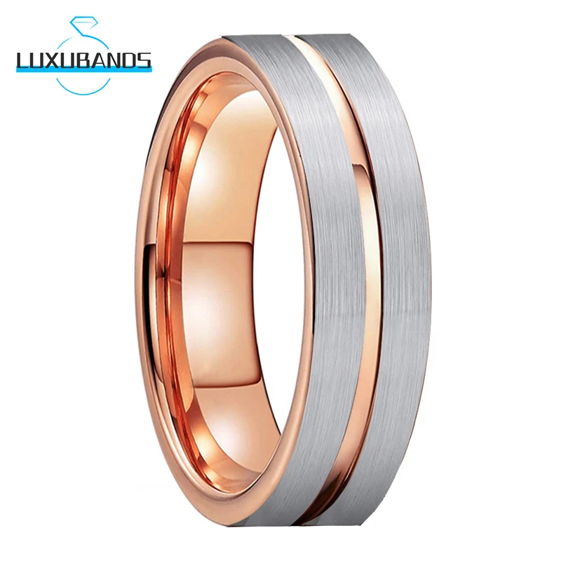 

Rose Gold Men Wemen's Wedding Band 8MM 6MM Flat Center Grooved Tungsten Engagement Ring Brushed Finish High Quality Comfort Fit