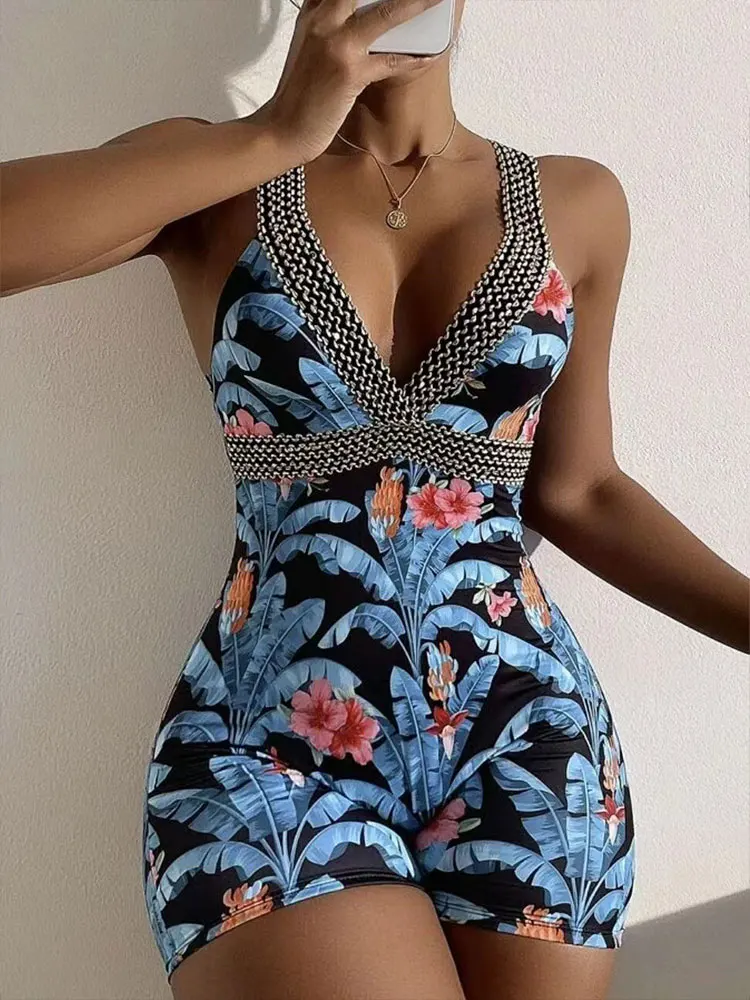 

Женский слитный купальник-бикини с цветочным принтом и V-образным вырезом
