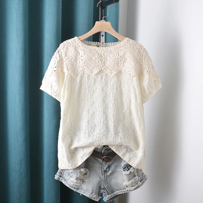 

Lace Hollow Out Women Blouse Summer Sweet Style 2022 O-Neck Short-Sleeved Solid Casual Female Pulls Tops Tees
