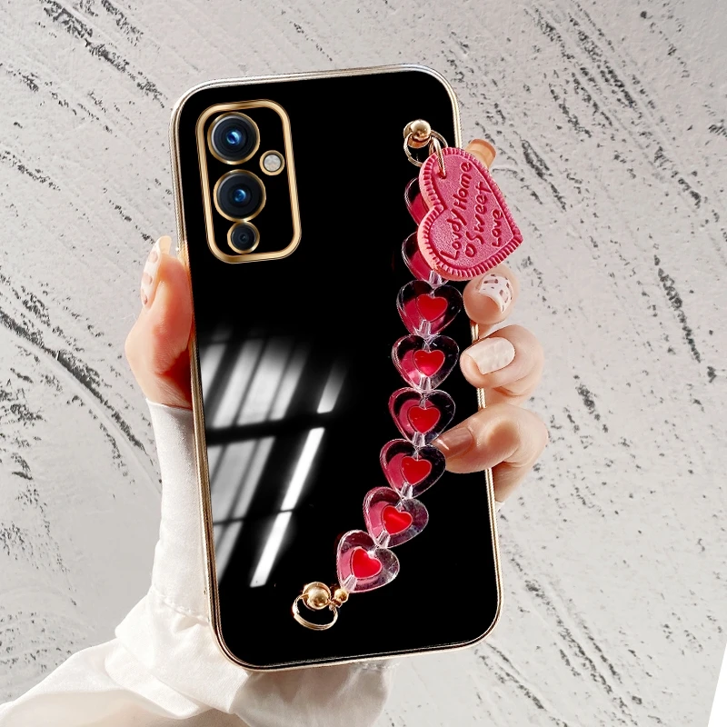 

Чехол для Oneplus Nord CE 2 5G 8 8T 9 Pro, роскошный силиконовый чехол с квадратной рамкой, мягкий чехол с любовным ремешком на запястье и цепочкой