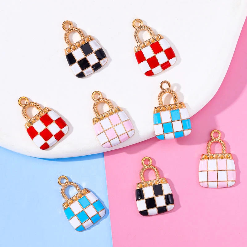 

10Pcs 13*21MM Alloy Enamel Checkered Bag Pendant Women Diy Making Bracelet Necklace Key Chain Gift Jewelry Making Craft Supplies