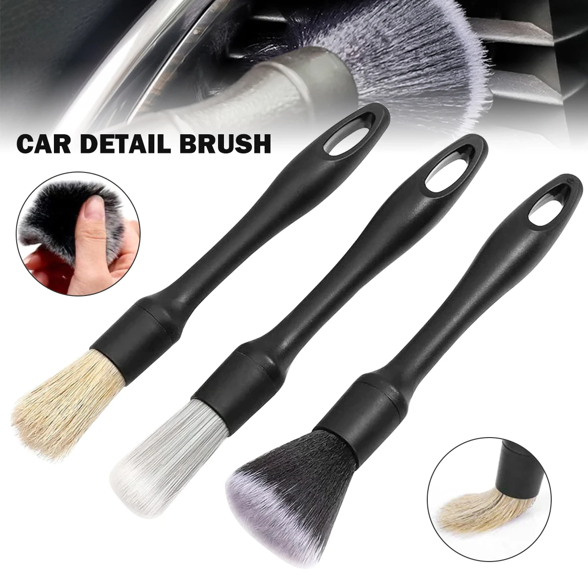 

3pcs Car Detailing Brushes Set Soft Auto Detailing Brush Kit Interchangeable Different Sized Car Detail Cleaning Tool Reusab