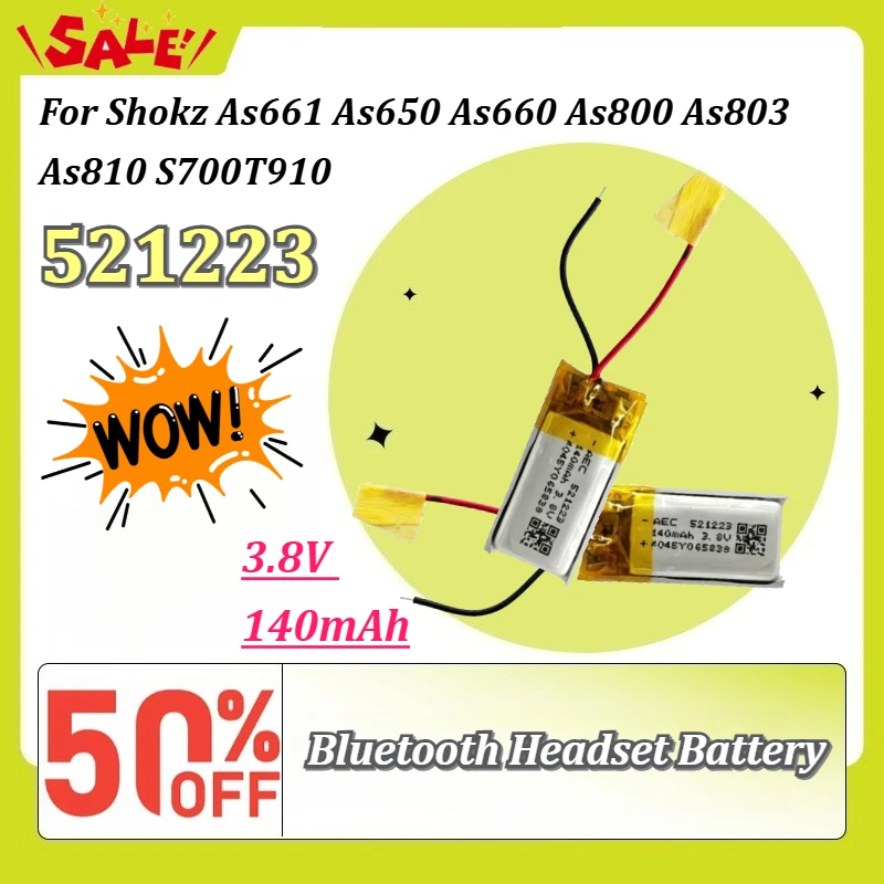 Фото Новая аккумуляторная батарея 521223 3.8V 140mAh для Bluetooth-гарнитур Shokz As661 As650 As660 As800 As803 As810 S700T910 №1