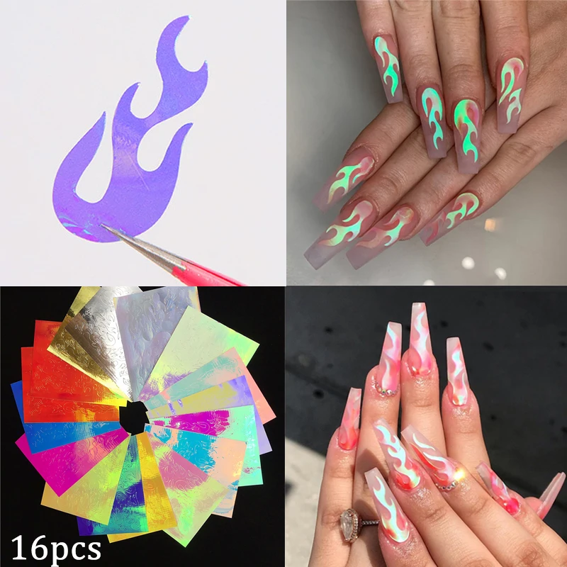 

16pcs 3D Holographic Fire Flame Nail Vinyls Stickers Glitter Laser Flames Nail Art Foil Transfer Sticker Decal Decorations Set