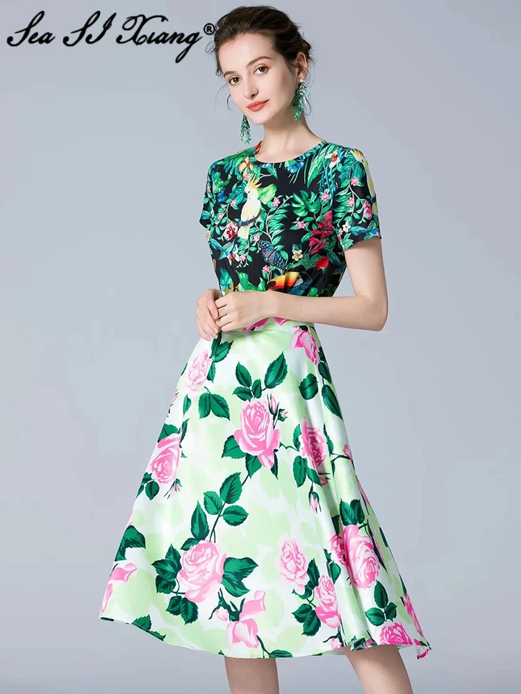 

Женский дизайнерский костюм из двух предметов Seasixiang, летняя футболка с круглым вырезом и коротким рукавом и бисером и юбка с цветочным прин...