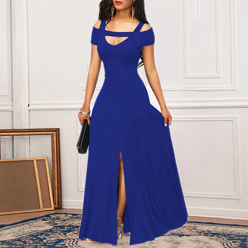 

Sexy Off Shoulder V Neck Split Long Maxi Dress Party Dresses Women Evening Elegant Club Wear Short Sleeve Casual Loose Dress