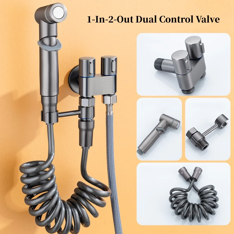 

2 Cleaning Sprayer Bathroom Bibcock Control Mounted Brass Dual Set 1 Divider Water Wall Valve Toilet For Self In Out Bidet Angle