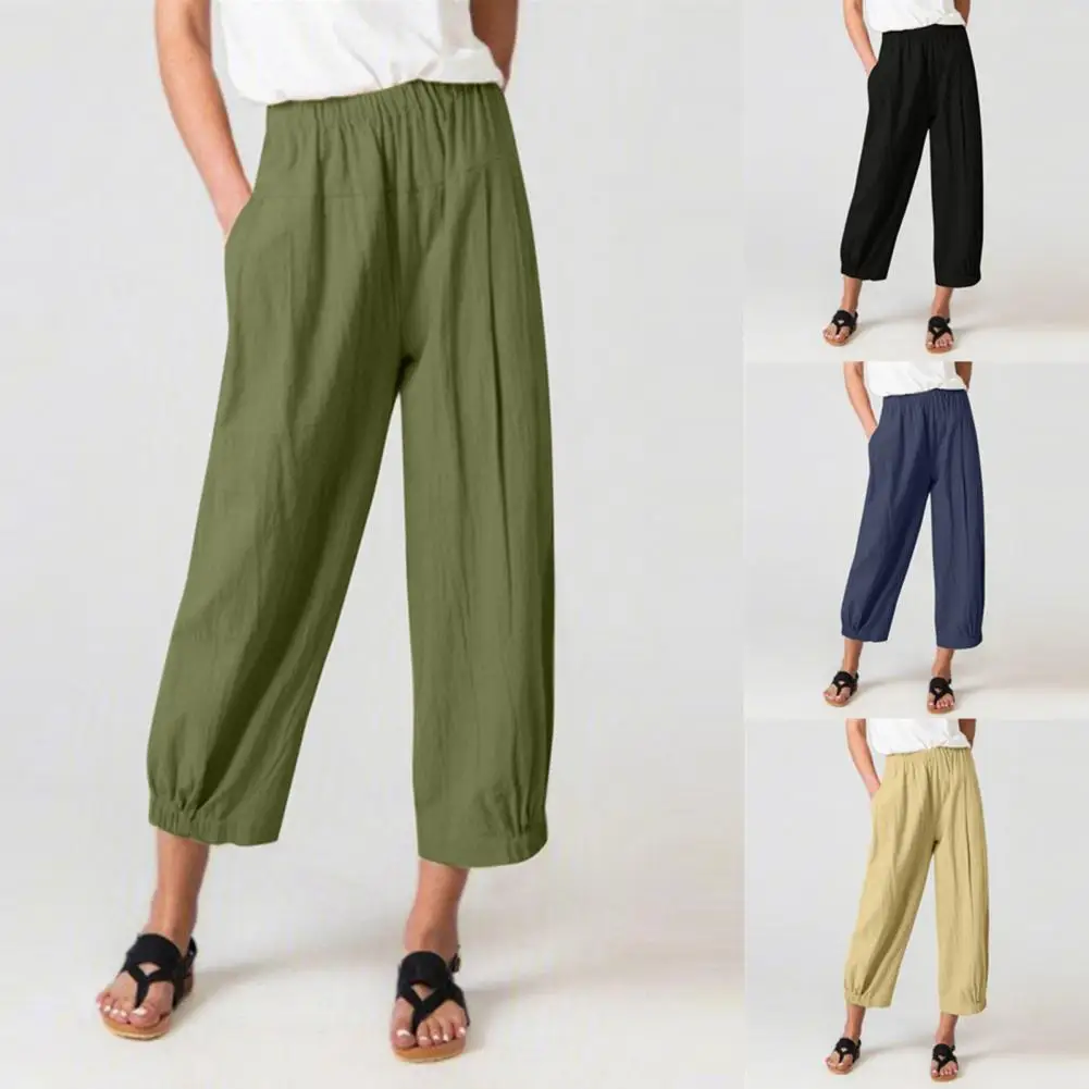 

Cotton Linen Big Pocket Thin Women Pants Solid Elastic Waist Trousers For Women 2022 Summer Straight White Home Wear Pants