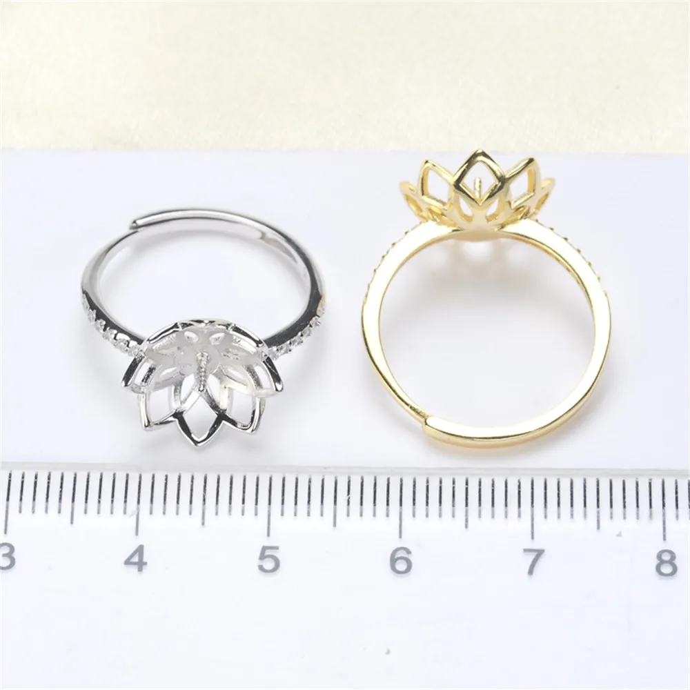 

S925 sterling silver wrapped real gold half hole bead holder ring handmade diy sticky crystal pearl inlay empty holder open ring