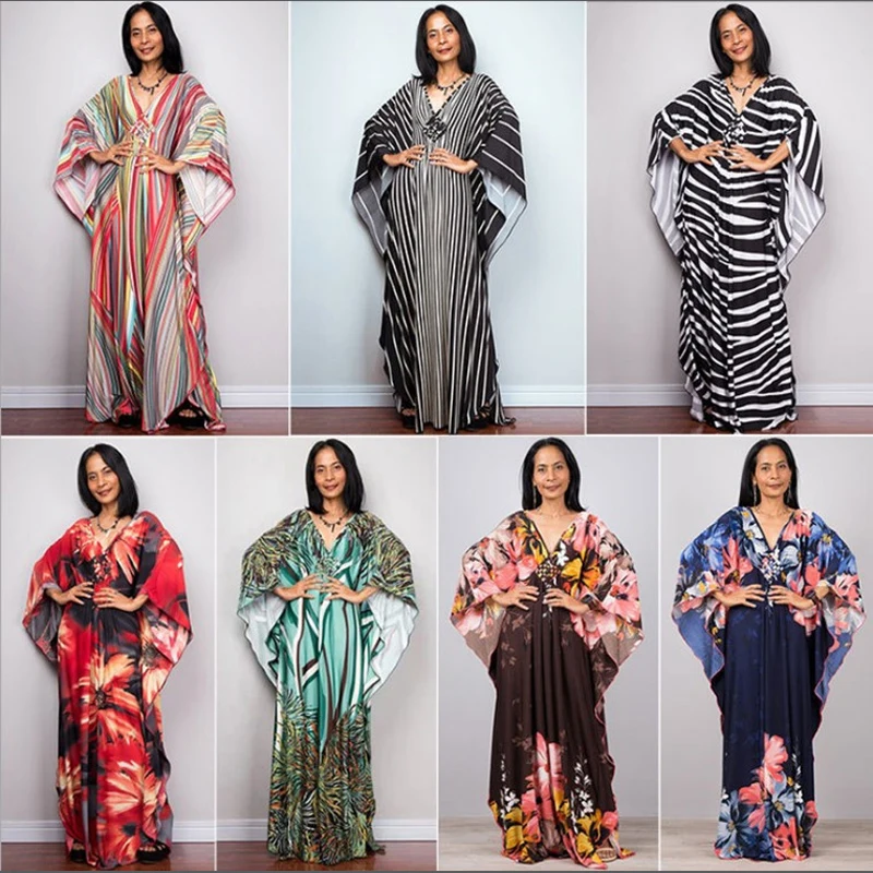 

Women Summer Long Dress Up Cover Suit Beachwear New 2022 Polyester Print Beach Robes Bikini Color Plus Size Sexy Clothing For