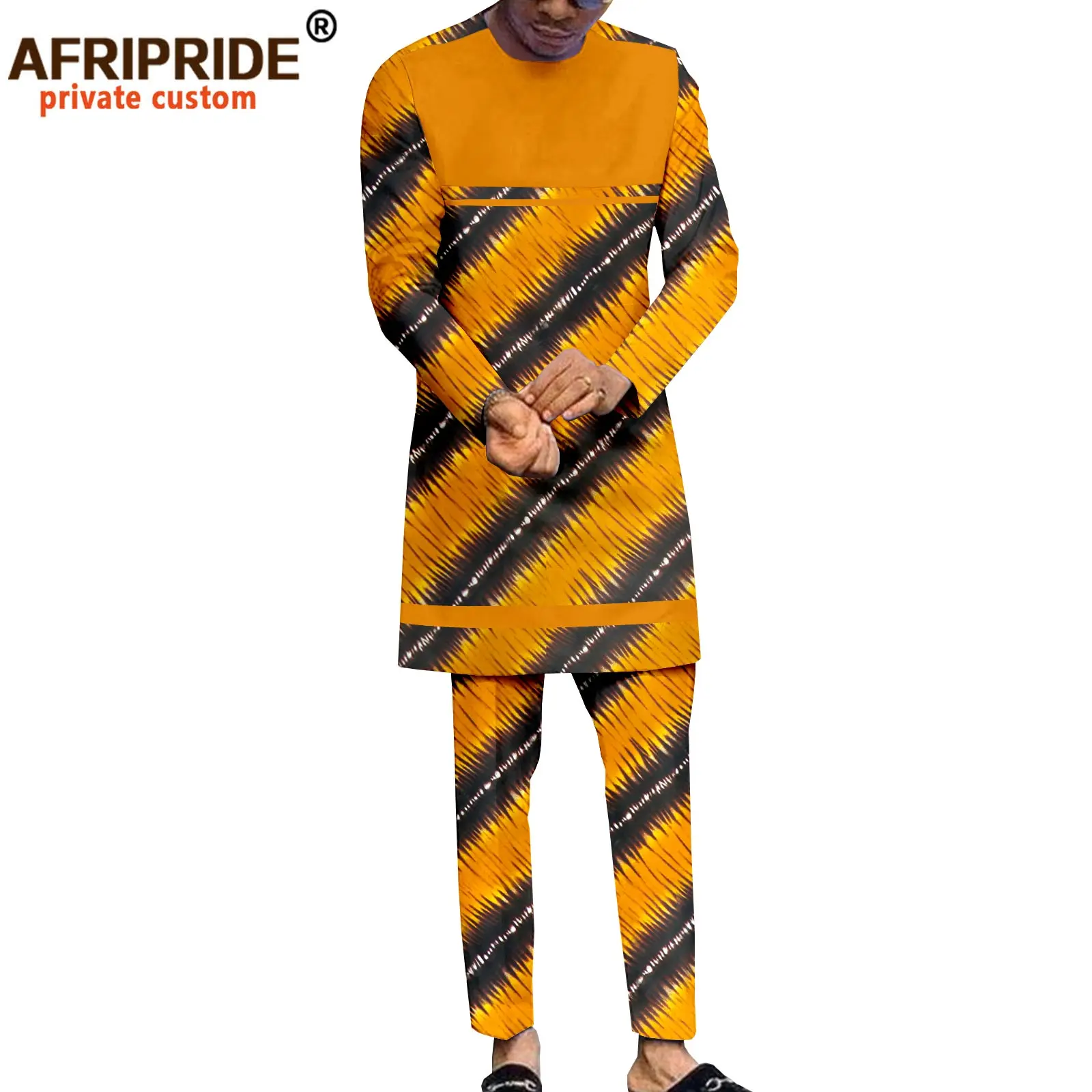 Afrika takım elbise erkekler için o-boyun uzun kollu artı boyutu baskı gömlek ve pantolon 2 parça kıyafetler Bazin Riche Tribal eşofman a2116019