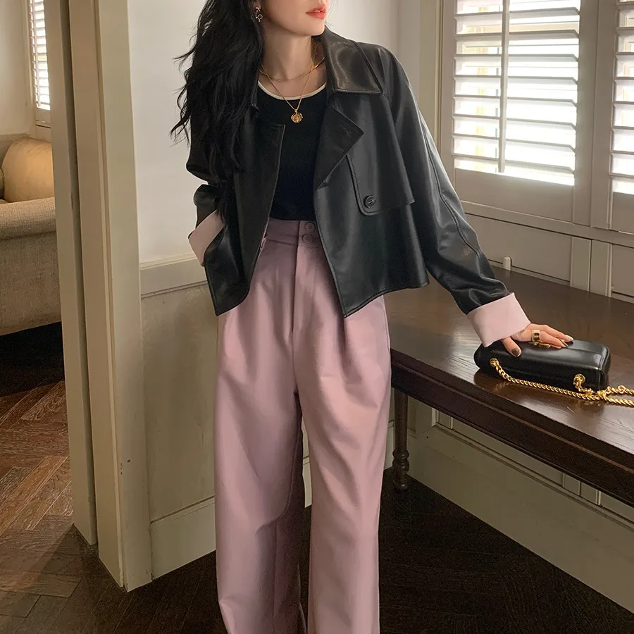 Sweet Girl Young Women Autumn Leather Short Jackets Black Patchwork Leather Coat Women's  Korean Fashion Loose Motorcycle Jacket