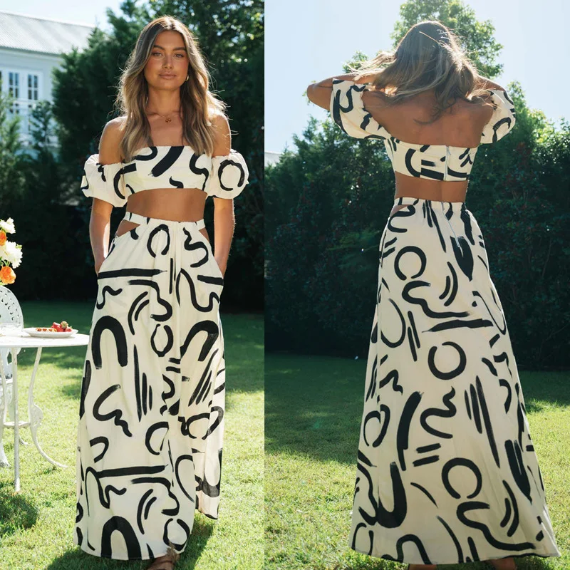 

Женский офисный комплект с юбкой, комплект из двух предметов с принтом, топ-труба с пышными рукавами и короткий топ с открытыми плечами, привлекательный пуловер, новинка 2023